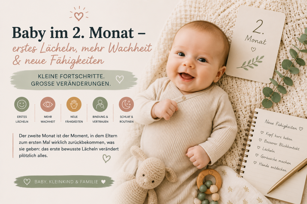 Der zweite Monat ist der Moment, in dem Eltern zum ersten Mal wirklich zurückbekommen, was sie geben: das erste bewusste Lächeln verändert plötzlich alles.