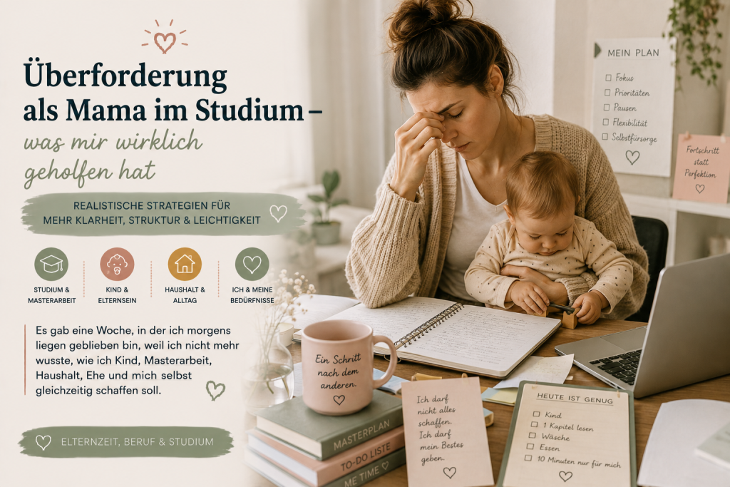 Es gab eine Woche, in der ich morgens liegen geblieben bin, weil ich nicht mehr wusste, wie ich Kind, Masterarbeit, Haushalt, Ehe und mich selbst gleichzeitig schaffen soll.