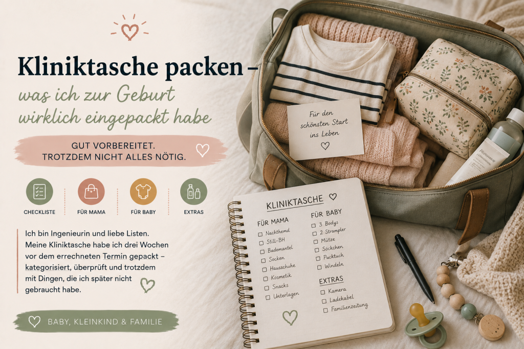 Ich bin Ingenieurin und liebe Listen. Meine Kliniktasche habe ich drei Wochen vor dem errechneten Termin gepackt – kategorisiert, überprüft und trotzdem mit Dingen, die ich später nicht gebraucht habe.