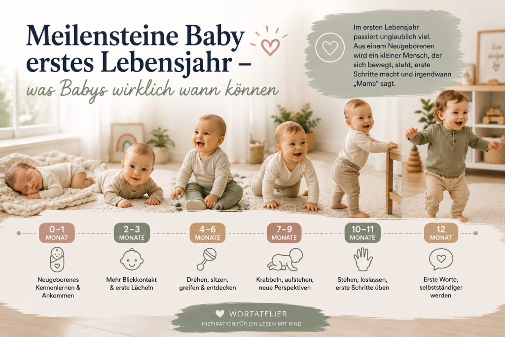 Im ersten Lebensjahr passiert unglaublich viel. Aus einem Neugeborenen wird ein kleiner Mensch, der sich bewegt, steht, erste Schritte macht und irgendwann „Mama“ sagt.