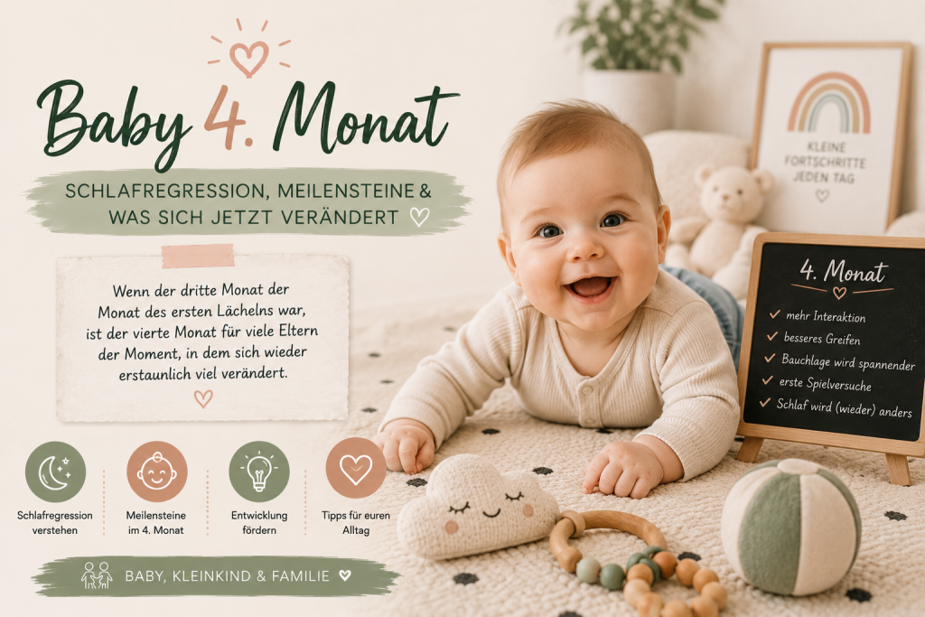 Wenn der dritte Monat der Monat des ersten Lächelns war, ist der vierte Monat für viele Eltern der Moment, in dem sich wieder erstaunlich viel verändert.