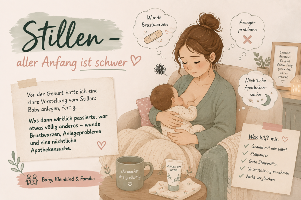Vor der Geburt hatte ich eine klare Vorstellung vom Stillen: Baby anlegen, fertig. Was dann wirklich passierte, war etwas völlig anderes – wunde Brustwarzen, Anlegeprobleme und eine nächtliche Apothekensuche.