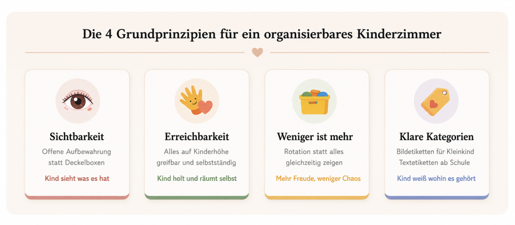 Die vier Grundprinzipien für ein organisierbares Kinderzimmer - Sichtbarkeit, Erreichbarkeit, Weniger ist mehr, Klare Kategorien