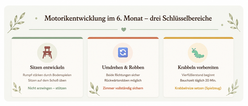 Motorikentwicklung im 6. Monat - 3 Schlüsselbereiche: Sitzen, Umdrehen und Robben, Krabbeln