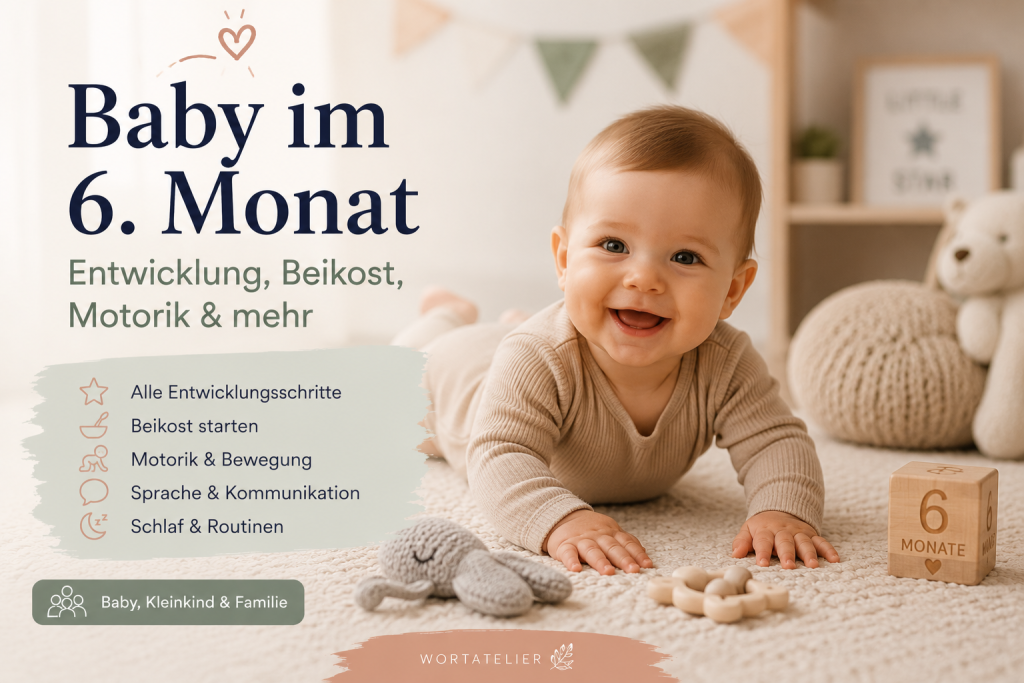 Der 6. Monat ist für viele Familien ein spannender Entwicklungsschritt: Dein Baby wird zunehmend mobiler, dreht sich gezielter um und beginnt, sich auf das Krabbeln vorzubereiten. Auch Sprache, soziale Entwicklung und Wahrnehmung machen große Fortschritte. Gleichzeitig startet für viele Babys mit der Beikost eine neue Phase. In diesem Artikel erfährst du, was dein Baby im 6. Monat typischerweise kann, welche Entwicklungsschritte jetzt wichtig sind und worauf du bei Beikost, Motorik, Sprache und Schlaf achten kannst.