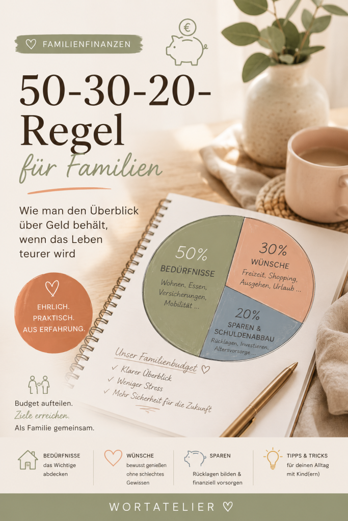 Wie funktioniert die 50-30-20-Regel für Familien? Ich zeige dir, wie du euer Familienbudget in Bedürfnisse, Wünsche und Sparen aufteilen kannst – und was du tun kannst, wenn die Zahlen im Familienalltag nicht aufgehen.