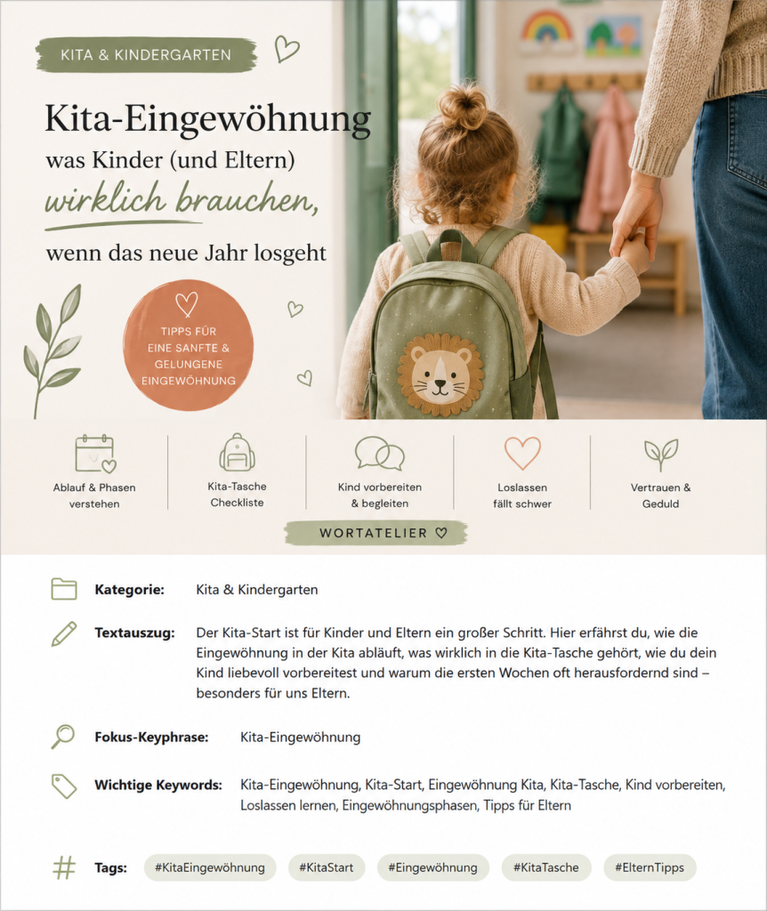 Der Kita-Start ist für Kinder und Eltern ein großer Schritt. Hier erfährst du, wie die Kita-Eingewöhnung abläuft, was wirklich in die Kita-Tasche gehört, wie du dein Kind vorbereitest und warum die ersten Wochen manchmal besonders für Eltern herausfordernd sind.